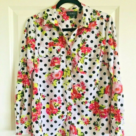 Elementz Tops - Black & White Polka Dot & Floral Print Blouse (S)